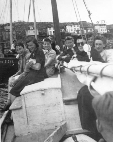 019: Aboard Frank Ryan's schooner, l-r Mary Dunphy, Madonna Healey, Nell Ryan, Jenny Reddy, Reen McCarthy, Cede McCarthy, Teresa Healey, Betty Ennis. (circa 1941) [courtesy of Mollie McCarthy]- Mary daughter of Thomas Dunphy &amp;amp; Anne Carroll; Madonna and Teresa daughters of Peter Healey &amp;amp; Mary Reddy (visiting from Fox Hbr); Nell daughter of Denis Ryan &amp;amp; Mae Dunphy; Jenny daughter of James Reddy &amp;amp; Mary Anne Murphy; Reen and Cede daughters of James McCarthy &amp;amp; Julia Reddy; Betty daughter of Vincent Ennis &amp;amp; Min Carroll.